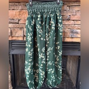 Silk Blend Emerald Green Floral Joggers pull on wide leg pants made in India